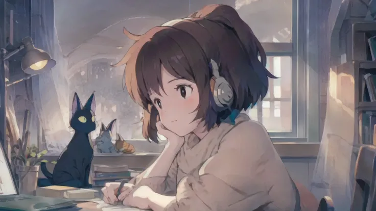 an anime-style illustration of a young woman studying at a vintage wooden desk in a cozy, softly lit study room. she has shoulde...