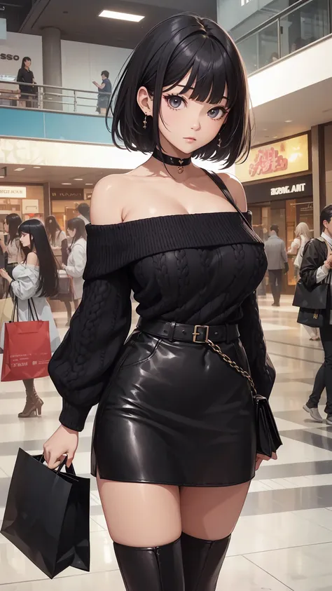 Highest quality, flying objects、Beautiful woman、Office Lady、Black Hair、(iris、Blunt bangs)、short hair、Full Body Shot、(Off-the-shoulder knit、Leather skirt:1.2)、break(Shopping mall:1.3)、(Big Breasts)、((shoulder strap))、Look back、Knee-high boots