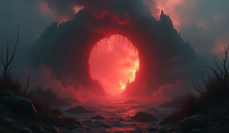 - A dark, sinister-looking portal that has opened in the air, emitting a dull red glow. The portal’s edges are jagged and smoky, and through it, glimpses of fire, thorns, and anguish can be seen. The atmosphere around the portal is heavy and suffocating.