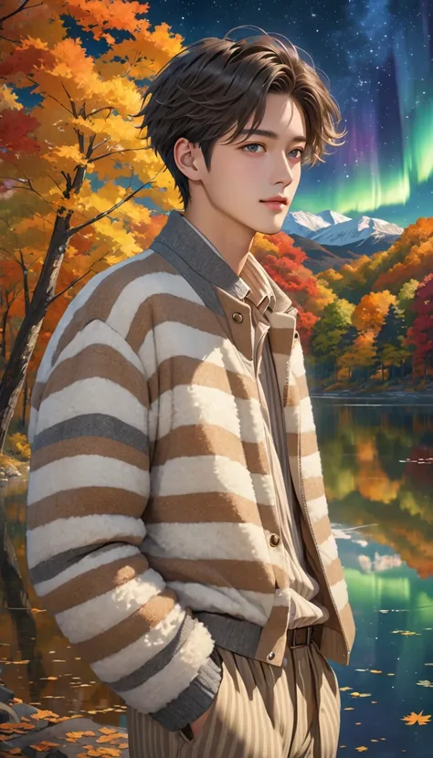 Highest quality、photograph、One Man、very handsome、nice、manly 、Fluffy hair、short hair、stylish、striped light charcoal and beige outfit 、street style, Perfect Face、Cinematic, detailed autumn lake and aurora starry sky background, detailed scenery background