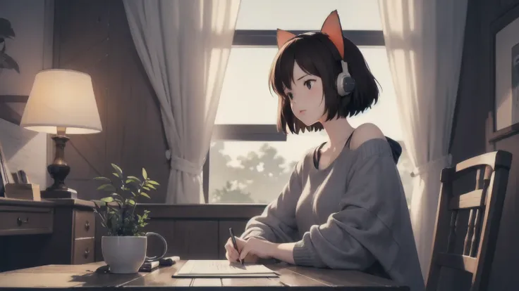 An anime-style illustration of a young woman studying at a vintage wooden desk in a cozy, softly lit study room. She has shoulder-length, slightly wavy dark brown hair tied in a relaxed low ponytail, wearing stylish, retro grey headphones with "SWS" text v...