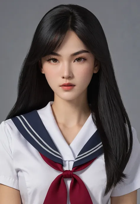 Realism, UHD, masterpiece, accurate, textured skin, anatomically correct, a girl, teenage, very long straight black hair, side swept bangs, ultra detailed face, pale skin, alabaster skin, tall, (ripped, beefy, muscular) body, sailor School UNIFORM, v-shape...