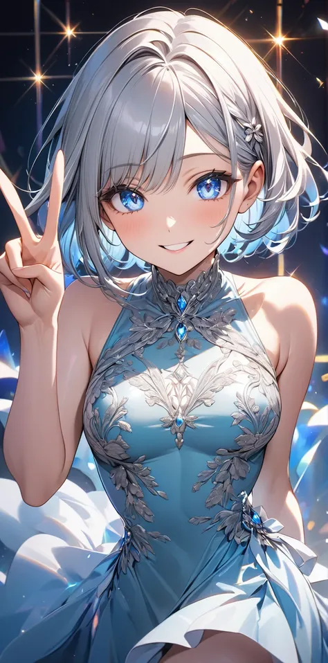 Ultra high resolution, rich colors, perfect image, top quality, detailed image, beautiful woman, glowing skin, skin and clothing texture, delicate eyes, gorgeous sexy dress, happy expression, sparkling eyes, V sign with one hand, silver bob hair, blue eyes