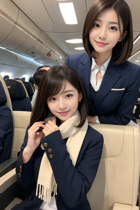 「Beautiful Korean women、Wearing a tight uniform as a flight attendant、Taking random poses、Staring at me with a cute smile。Her expression is soft、Have a charming smile that exudes friendliness and professionalism。Hairstyle: Short bob to long straight、Random...