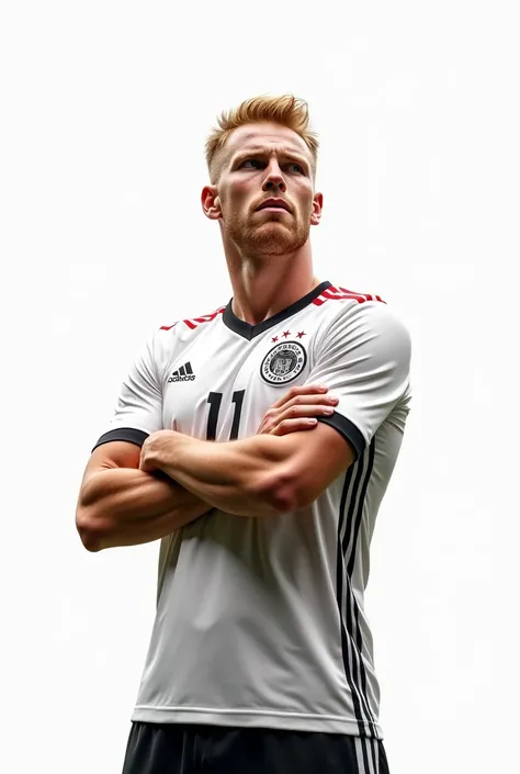 1 man, create an image of a soccer player with the Germany national team jersey (ultra realistic) (for cell phone wallpaper), he is Kevin De Bruyne, have a goal celebration action, stand with arms crossed, white background, 1/2 body, belly up, best quality...