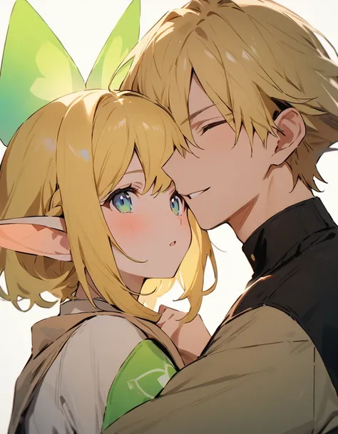 masterpiece, a blonde young man with fairy ears and zelda embrace each other.、full body portrait、i&#39;m in the forest when it&#...