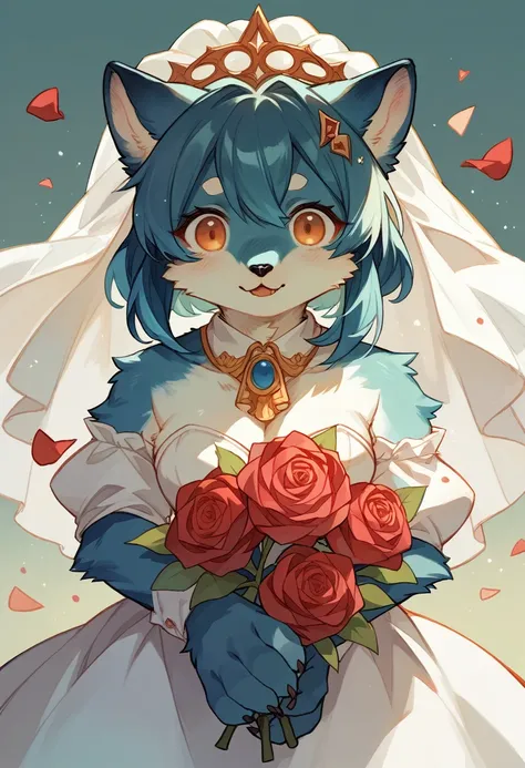 rating_safe, score_9, score_8_up, score_7_up, score_6_up, score_5_up, score_4_up, source_furry, highres, e621, cover page, Watercolor, 1girl, kemono, furry, detailed body fur, animal face, animal hand, angelic cute girl in wedding dress holding a red rose ...