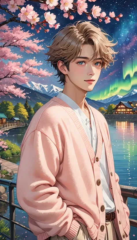 Highest quality、photograph、One Man、very handsome、nice、manly 、Fluffy hair、short hair、stylish、light salmon pink cardigan and beige outfit 、street style, Perfect Face、Cinematic, detailed cherry blossom by the lake and aurora starry sky background, detailed sc...