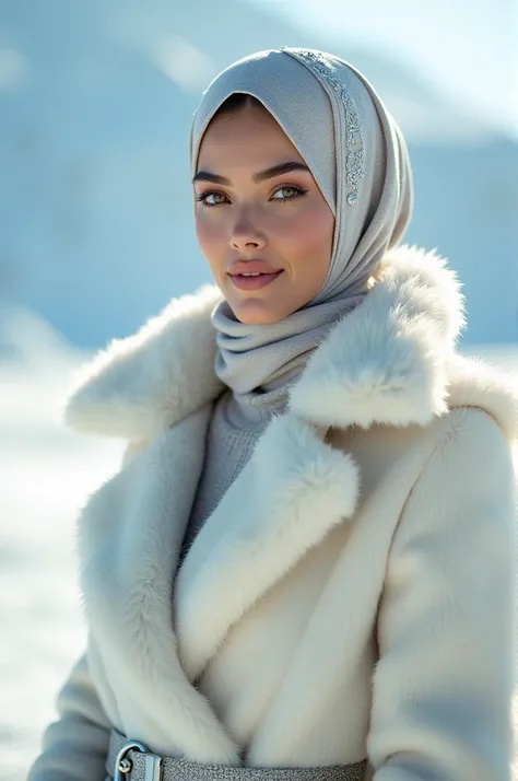 Cinematic photograph of a sophisticated supermodel smiling in a luxurious winter ensemble, featuring a plush snow-white wool coat with intricate silver embroidery, oversized yet structured silhouette, delicate snow-white hijab shawl draping elegantly, high...