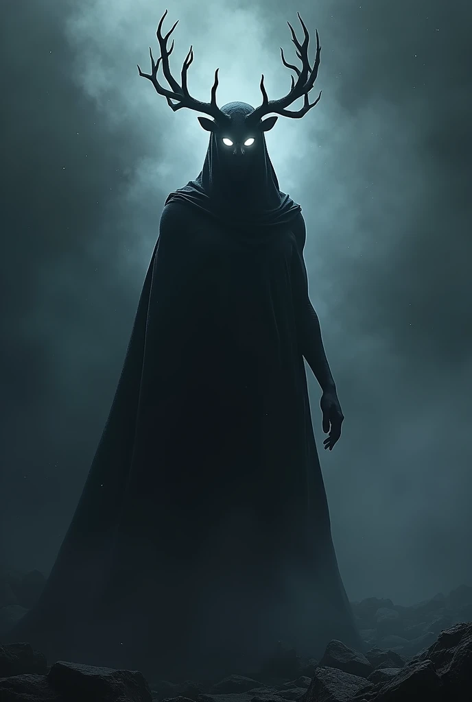 Black shadow entity white eyes that glow male body,space background,black antlers on head ,no clothing,dark