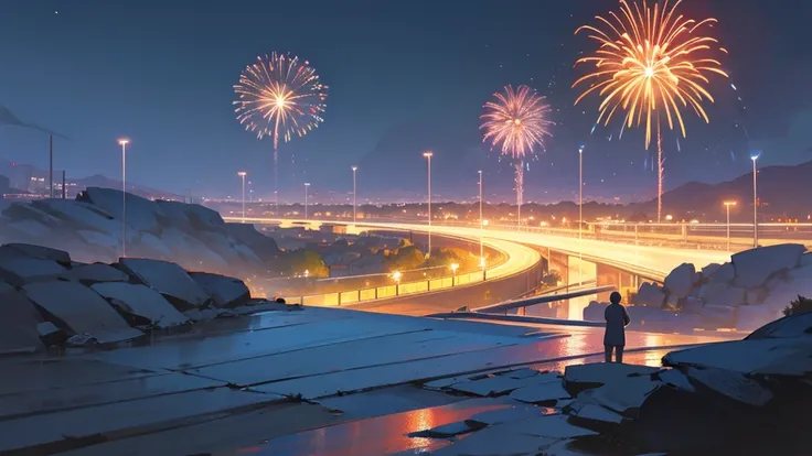 Fireworks display at night, riverbed, couple watching fireworks from riverbed, landscape concept art, studio art, background animation,