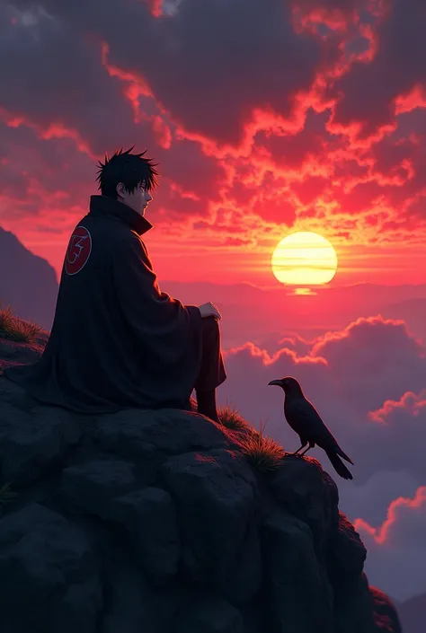 /imagen obita seats on a black mountain see the sunset in  Akatsuki outfit hyper realistic colour and the nearly of obita crows realistic texture and colour