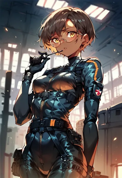 beautiful shy anime pilot woman, tanned skin, short brown hair, aviator glasses, yellow eyes, black tactical leather flightsuit, straps, waist up, small breasts, hangar background, LowKeyLights