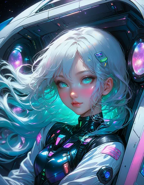 anime girl in (iridescent bodysuit) reclining in futuristic spaceship cockpit (platinum hair) krenz cushart and artgerm, anime space cadet girl, perfect anime woman, (beautiful detailed eyes) (beautiful full lips) anime girl of the future, inspired by Kren...