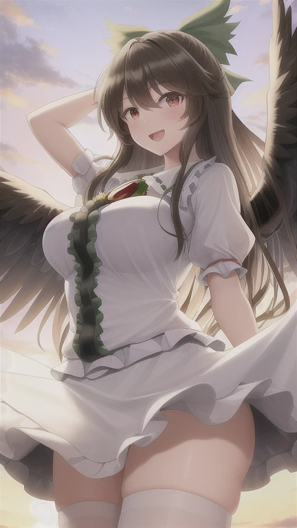 (masterpiece, best quality, ultra-high res, 8k, perfect anatomy, extremely detailed), ((touhou project)), (((Reiuzi Utsuho))) BREAK (1girl, cute girl, shiny body, shiny skin, large breasts), (black hair, long hair, messy hair, green big hair ribbon, red br...