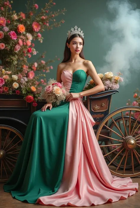 Photoshot of a beautiful woman wearing a unique pink green dress that is very beautiful and has a long cloth on her shoulders. Carrying flowers and wearing a crown and posing on an old-fashioned horse cart in a studio full of luxuriously decorated flowers ...