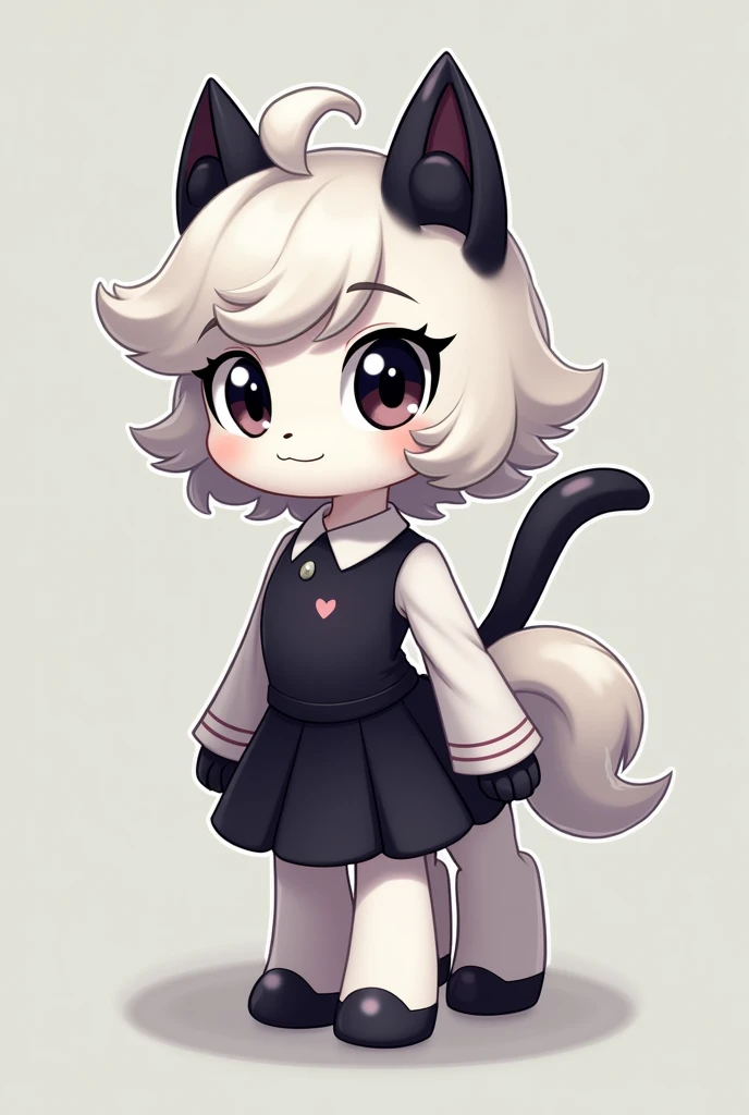 A pony from the game Ponytown with short white hair, with black cat ears and a black cat tail, white skin black eyes and clothes are black shirt with white sleeves and black skirt 