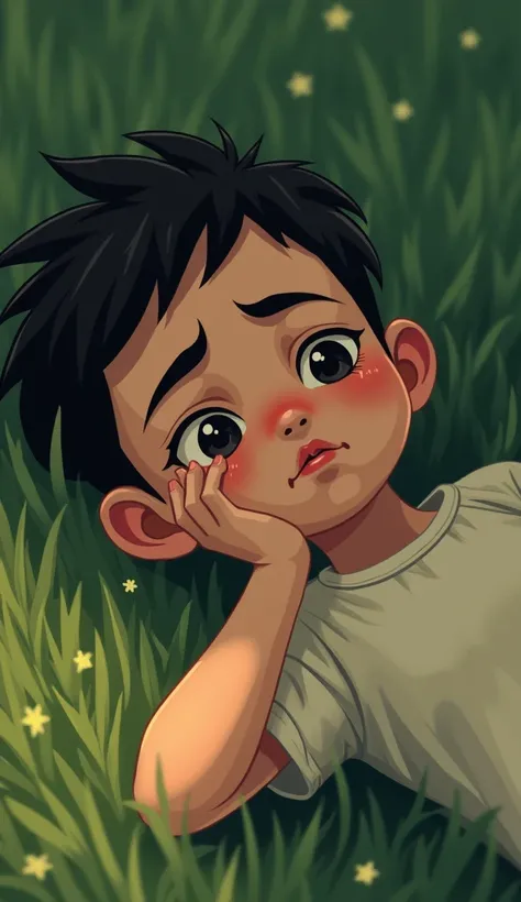 3. Close-up of the tired boy: Illustrate the boy lying on the grass, looking exhausted and parched, with a concerned expression.