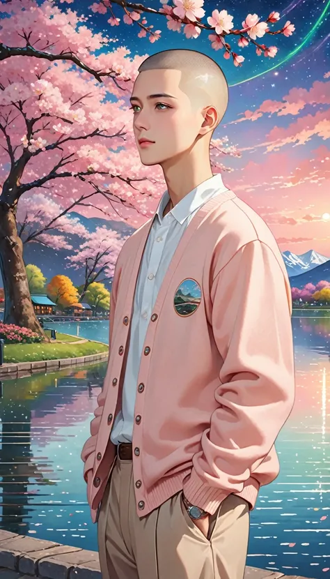 Highest quality、photograph、One Man、very handsome、nice、manly 、buzz cut hair、short hair、stylish、light salmon pink cardigan and beige outfit 、street style, Perfect Face、Cinematic, detailed cherry blossom by the lake and aurora starry sky background, detailed ...