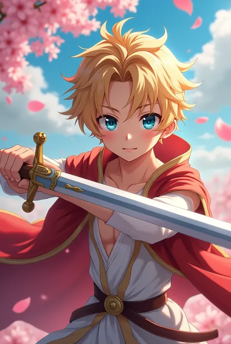 Boy At  Age, Anime, Golden Hair, Blue Eyes, Light Blush, Hair Ornament, Young, Baby Face, Beautiful, Slim, Toned Body, Nice Abs, No Shirt, Revealing Clothes, Royal Prince, Wears Royal Robe, Wears A Crown, Sparring With Sword With A Knight, Flower Petals Fo...