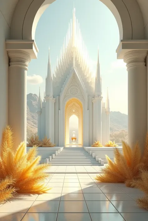 A white temple with golden feathers and hourglasses