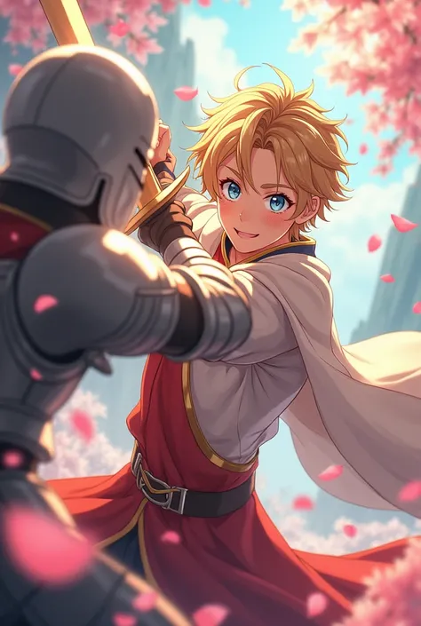 Boy At  Age, Anime, Golden Hair, Blue Eyes, Light Blush, Hair Ornament, Young, Baby Face, Beautiful, Slim, Toned Body, Nice Abs, No Shirt, Revealing Clothes, Royal Prince, Wears Royal Robe, Wears A Crown, Sparring With Sword With A Knight, Flower Petals Fo...