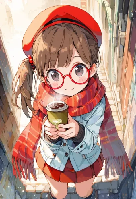 1girl,10yo,brown hair,black eyes, ((red round eyewear)), side ponytail,smile, blushful,(beret),mini skirt,zettai ryouiki,

BREAK
Angle looking down from above,Girl with a lot of scarves outside,Girls wear warm clothes because they are cold,Chills and squat...