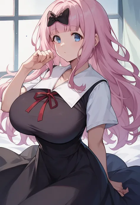 , chika, blue eyes, Pink Hair, Hair Ribbon, Black Bow, Black Dress, White sailor collar, Neck ribbon, Red ribbon, Short sleeve, White shirt, slim, Huge breasts 、During pregnancy