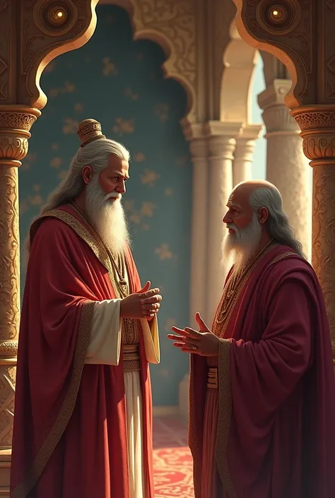 King Dasharath, with a thoughtful expression, addresses Guru Vashishtha, expressing his wish for his four sons—Ram, Bharat, Lakshman, and Shatrughna—to be married before his passing. The royal chamber is filled with regal décor, with the focus on the king’...