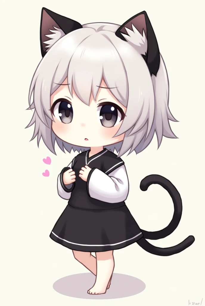 A kawaii chibis anime type character with short white hair, with black cat ears and a black cat tail, white skin black eyes and clothes are black shirt with white sleeves and black skirt 