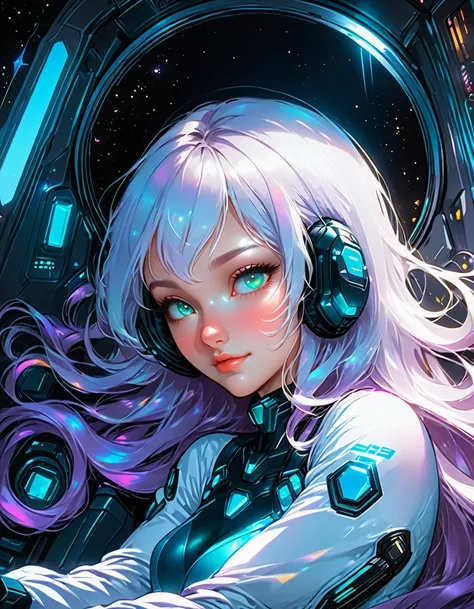 anime girl in (iridescent bodysuit) reclining in futuristic spaceship cockpit (platinum hair) krenz cushart and artgerm, anime space cadet girl, perfect anime woman, (beautiful detailed eyes) (beautiful full lips) anime girl of the future, inspired by Kren...