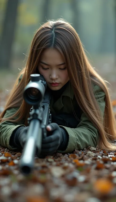 Generate: ((A chinese young lady,she was a woman soldier.She dress her woman soldier uniform and hold her sinaper gun.))
A chinese young lady have a light bown the longest hair in the wrld length 20 meters more.Her longest hair is super thick,super stright...