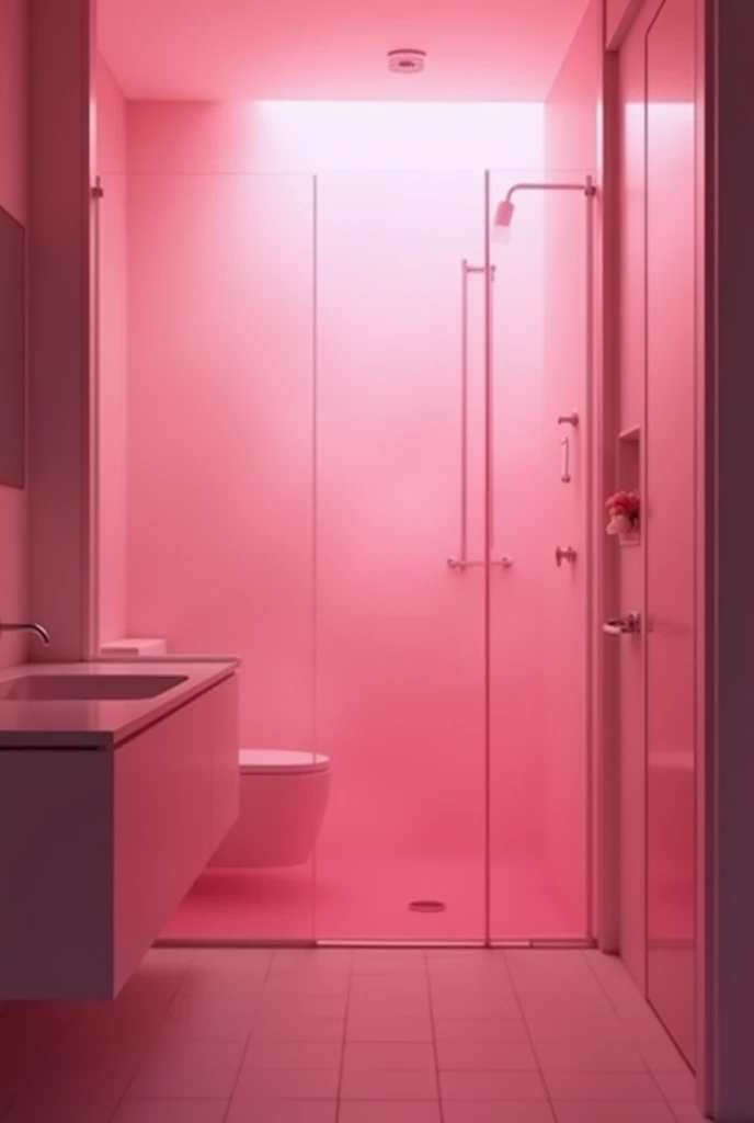 A clear glass bathroom and a pink smoke out there with is blurring the view inside the bathroom only shower 🚿 can be seen and make very dark pink and image should be as that we are watching it from out side