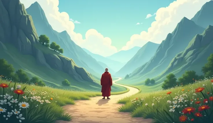 Here’s a monk-inspired animation prompt for this lesson:

**"Create an animation of a wise monk standing at a crossroads in a serene, mountainous landscape. One path is well-trodden and easy, lined with blooming flowers and soft light, while the other path...