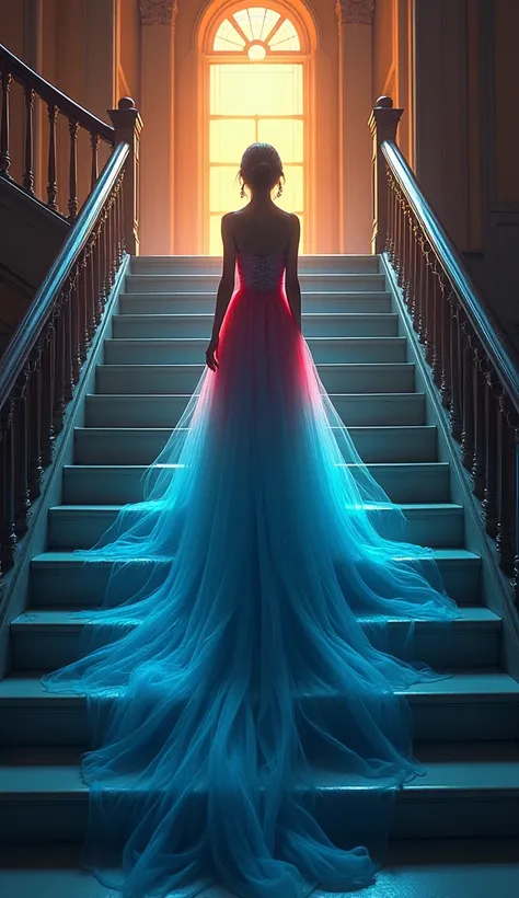 a girl on top of staircase, long gown flowing down the staircase, gown with colorful gradient, top down, back shot, photorealistic, 8k, masterpiece, cinematic lighting, cinematic composition, dramatic lighting, dramatic shadows, vibrant colors, vivid color...