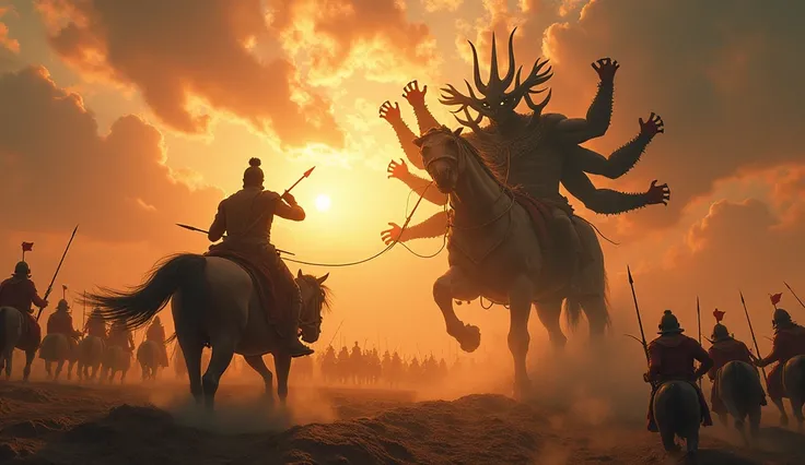 Ravanas Death:** Ram shooting the final arrow, hitting Ravana in the heart, causing Ravana to fall from his chariot, while the battlefield is in chaos.