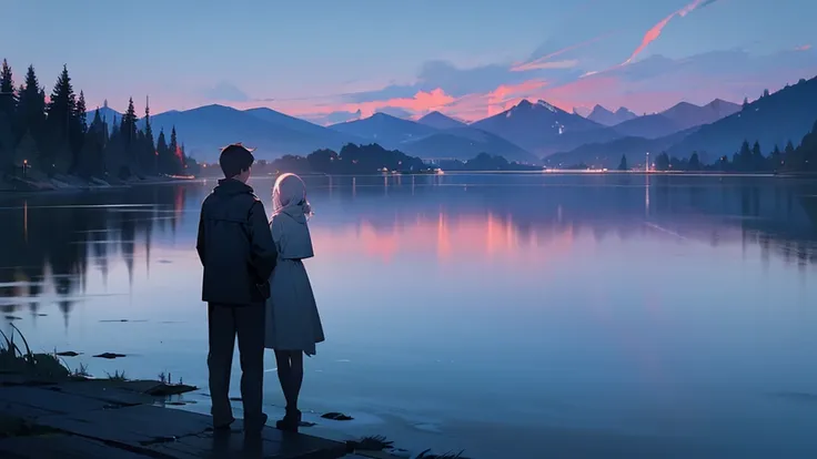 Lake at night, couple looking into distance from lake, landscape concept art, studio art, animated background, dark surroundings