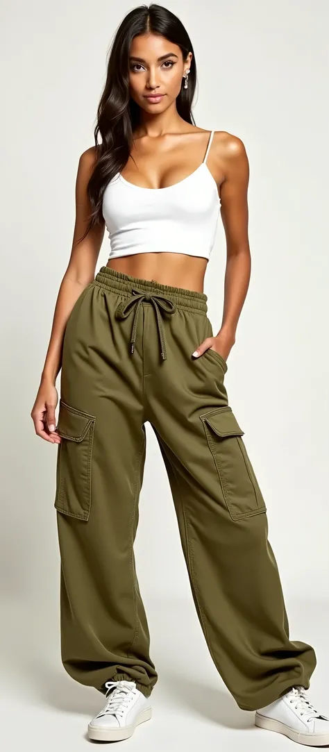 a young woman in a white top and green calça posing for a picture, verde oliva slacks, wearing cargo calça, military calça, baggy calça, large calça, cargo calça, high waist sweatcalça, verde oliva, calça, cortado livremente, vestindo um folgado, 😭 🤮 💕 🎀, ...