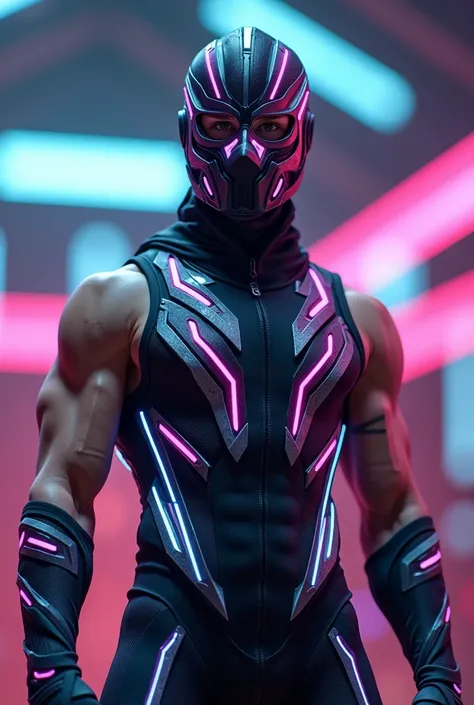 Young male masked wrestling wrestler in a futuristic and attractive costume for women