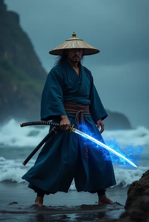 A samurai practicing with  his katana in the seashore dark image with dark clouds the blade should have blue flame in it strong man with Ronin robe and sheath dark image shadow wearing traditional kimono..and bamboo hat full image with background holding h...