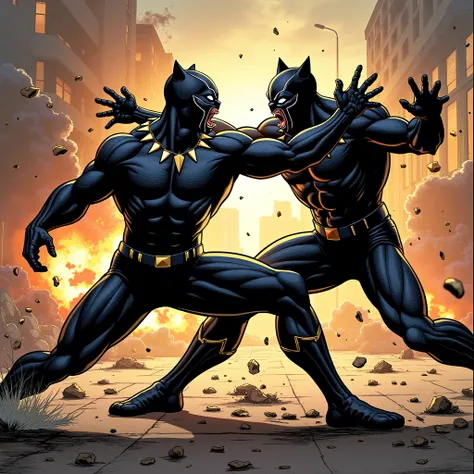 Intense comic scene featuring fight between two superhero Killmonger and Black Pather, the background having theme of action.