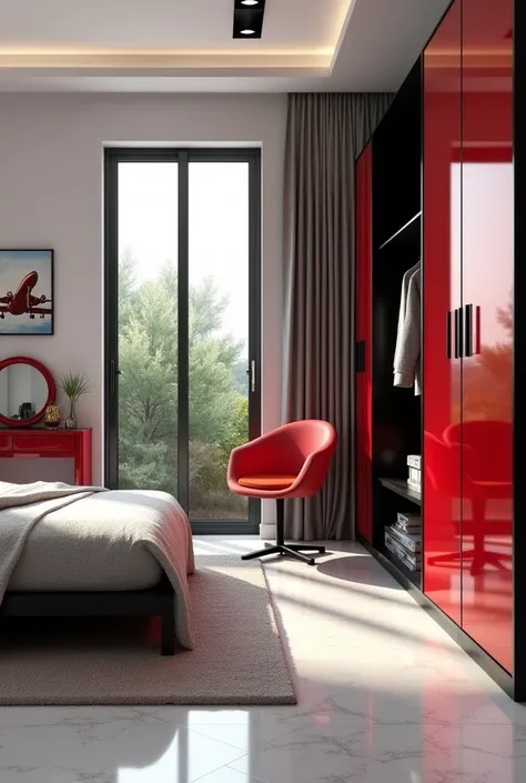 Professional 3d architecture rendering design of modern and minimal girl’s bedroom with  shiny black bed and shiny light gray blanket and sheets and red glassy makeup table and light gray laminate and dark carpet and modern windows  with garden view and be...