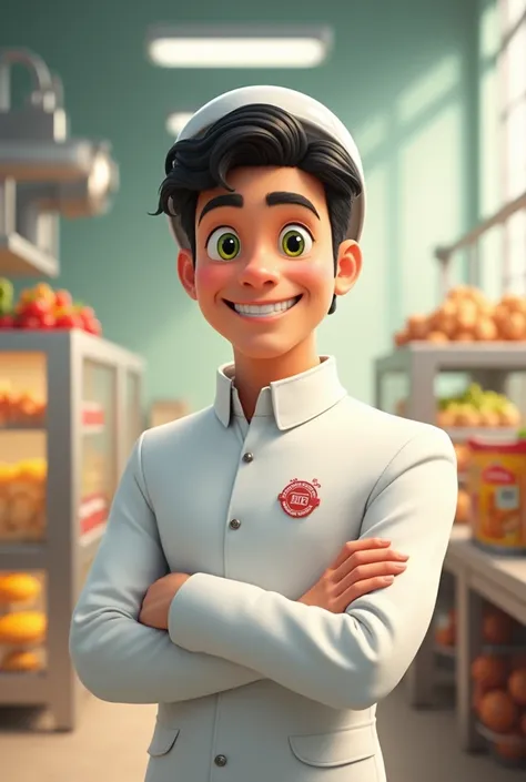 Disney and Pixar poster of a light-skinned man with light green to yellow eyes and black hair, posing smiling for the photo, dressed in a white suit and helmet in a soft light environment inside the food company 