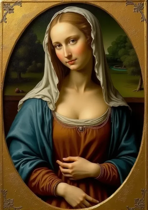 ((Florentine painter of the 15th century、Oil painting by Leonardo da Vinci)), ((Highest quality, masterpiece, Full of details)), Beautiful Virgin Mary, ((Oval Face, Golden aura, whole body)), ((Ancient costume, Auburn linen tunic, Blue Cape, Veil)), Gently...