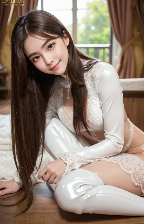 Latex bodysuit、Knee-high boots、Huge 、Long brown hair、Shiny, Oily skin、Glowing Skin、Indoor competition pool、White skin、(RAW Photos), (Realistic), (masterpiece), (Highest quality), High resolution, 8k resolution, (Intricate details), (Lightweight and volumin...