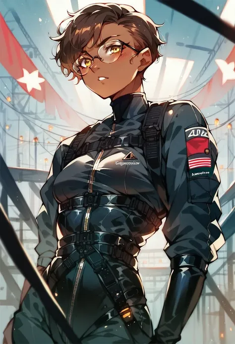 beautiful shy anime pilot woman, tanned skin, short brown hair, aviator glasses, yellow eyes, black tactical leather flightsuit, straps, waist up, small breasts, lean muscular, body, hangar background, LowKeyLights