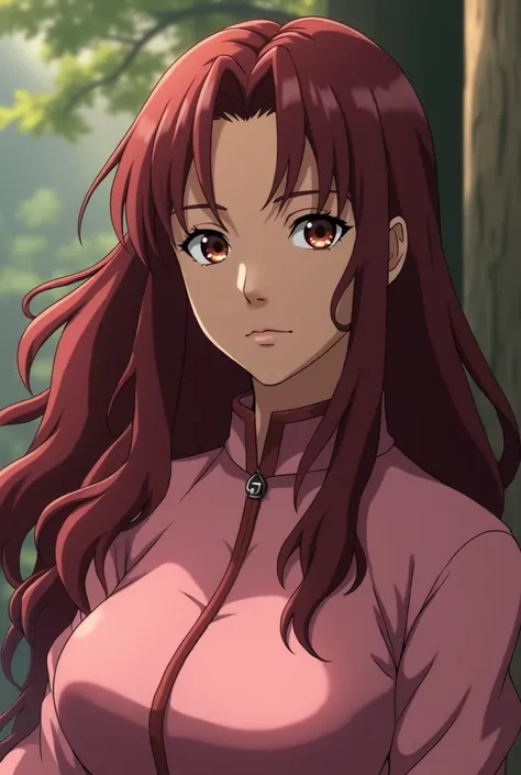 Naruto Shippuden screencap of a female with wavy long dark red hair, brown skin color, dark brown eyes, heart face shape. She is wearing sakura haruno clothes but in pink color. Pierrot studios naruto shippuden screencap