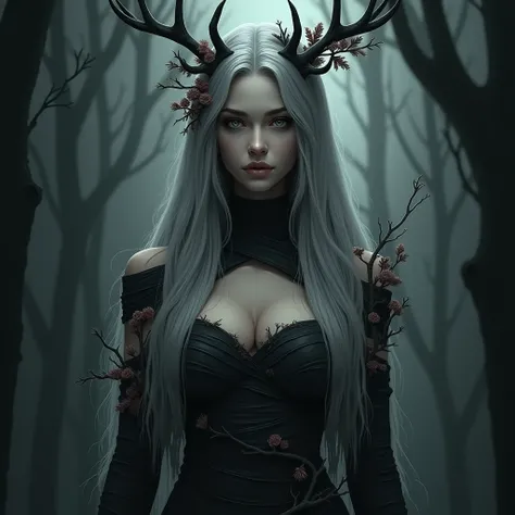 (Masterpiece: 1.2), (Gloomy color scheme), Beauty with long gray hair, Realistic eyes, beatiful face, Beautiful girl with a perfect body, Druid, with large deer antlers on the head, long straight hair, Flowers, entwined with branches, (The body is wrapped ...