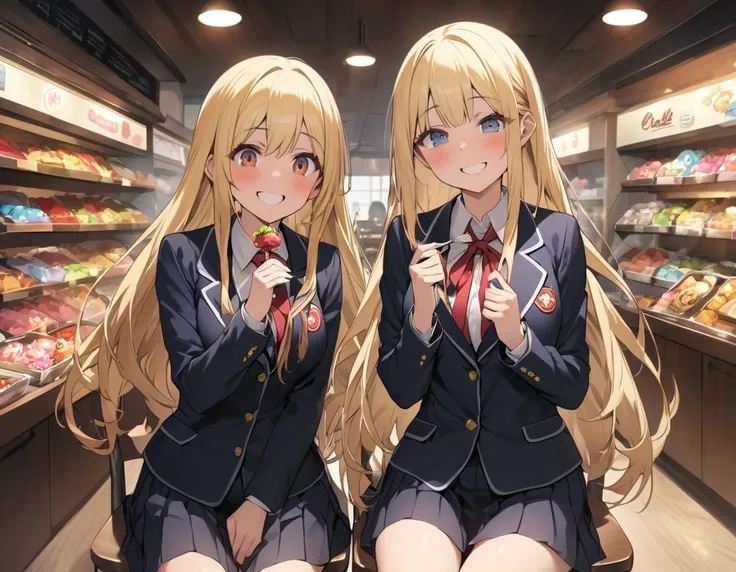 Two Women、Sisters、beautiful girl、Candy store、Sit on a chair、Holding a fork、Eat sweets、Eat sweets、Sweets on the table、high school girl、School、目を閉じてsmile、smile、Blazer uniform、Pleated skirt、Black knee-high socks、Long Hair、Highest quality、Ultra HD、Black Hair、T...