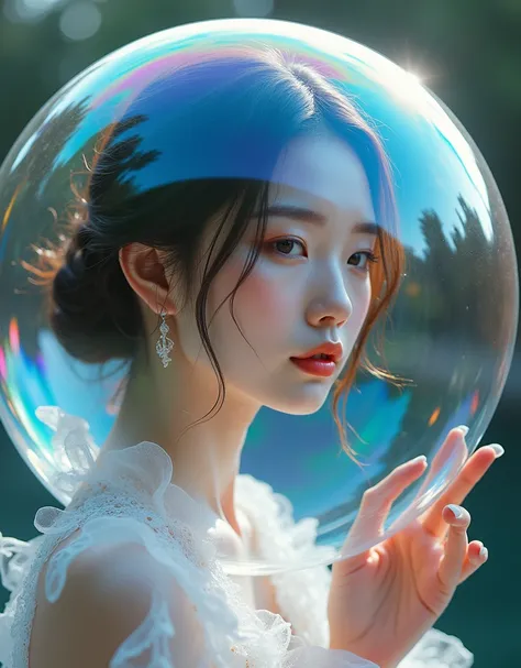 A Japanese naked woman with delicate, elegant features is captured inside a soap bubble. The surface of the soap bubble displays a shimmering, iridescent rainbow pattern that reflects and refracts light. The womans face and hair are subtly visible through ...